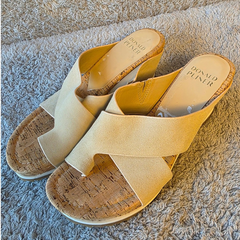 Donald Pliner Womens Wedge Sandals Cork Beige Leather Toe Loop 11M Slides‎